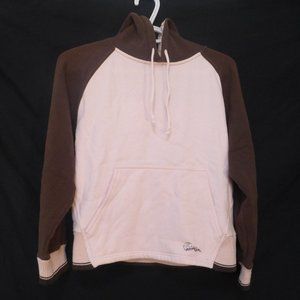 POWDER ROOM, pink and brown hooded sweatshirt, kangaroo pockets, medium, GUC